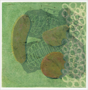 Monoprint with etching and collage, 6 x 6 inches